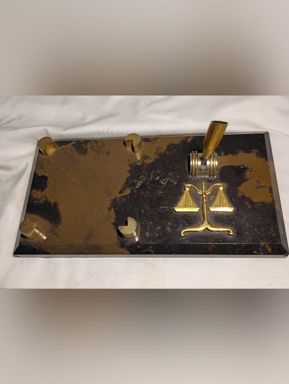 Vtg 60-70s Bey-Berk Tiger Eye Marble Scales Of Justice Pen Stand Hollywood Prop